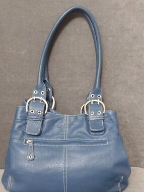 Tignanello Blue Leather Shoulder Bag with Buckle Straps